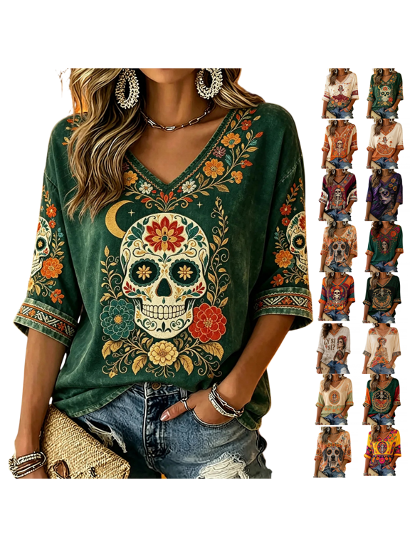 Halloween Boho Blouses for Women Floral Print Curved Hem Soft Oversized Fit Clothes for All Weekend Wear, (M)