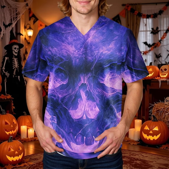 LNZGNM Halloween Men's Scrub Top V Neck Short Sleeve Loose Fit Comfortable with Relaxed Fit and Pockets Work Uniform Comfort,Purple(M)