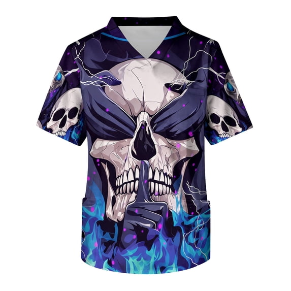 LNZGNM Halloween Scrub Top for Men Short Sleeve V Neck Skull Print Easy Care Loose Fit Stretch Work Uniform Comfort,Blue(S)