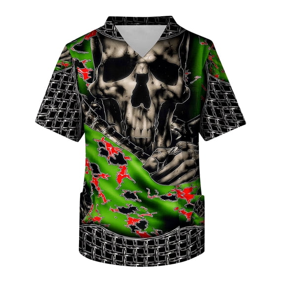 LNZGNM Halloween Scrub Top for Men Short Sleeve V Neck Skull Print Easy Care Loose Fit Stretch Work Uniform Comfort,Light Gray(XL)