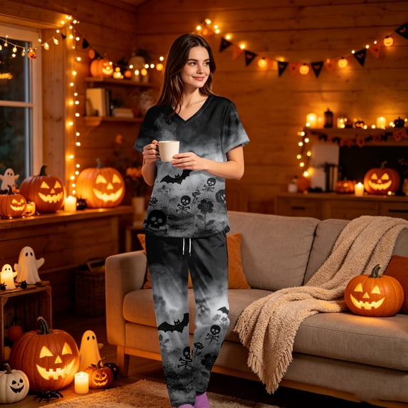 LNZGNM Halloween Scrubs Set for Women V Neck Short Sleeve Pocket Comfortable Lightweight Breathable with Easy Care and Stretch Nurse Work Hospital,Light Gray(XL)