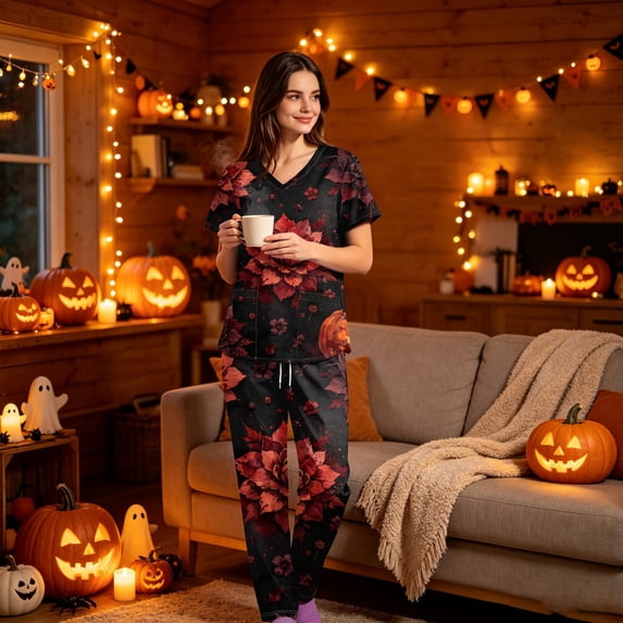 LNZGNM Halloween Scrubs Set for Women V Neck Short Sleeve Pocket Comfortable Lightweight Breathable with Easy Care and Stretch Nurse Work Hospital,Orange(S)