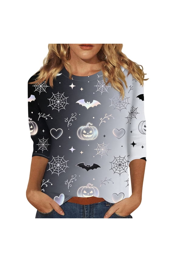 LNZGNM Halloween Shirt for Women Crewneck 3/4 Length Sleeve Tops Pumpkin Ghost Skull Graphic Party Loose Casual Blouses,Black(XXL)