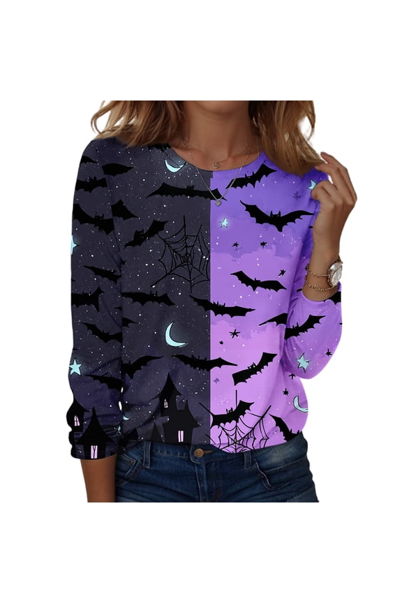 Halloween Shirts for Women 3/4 Sleeve 2026 Plus Size Funny Cute Vintage Teacher Shirts Casual Holiday Tops Clothes,Purple Pink(M)