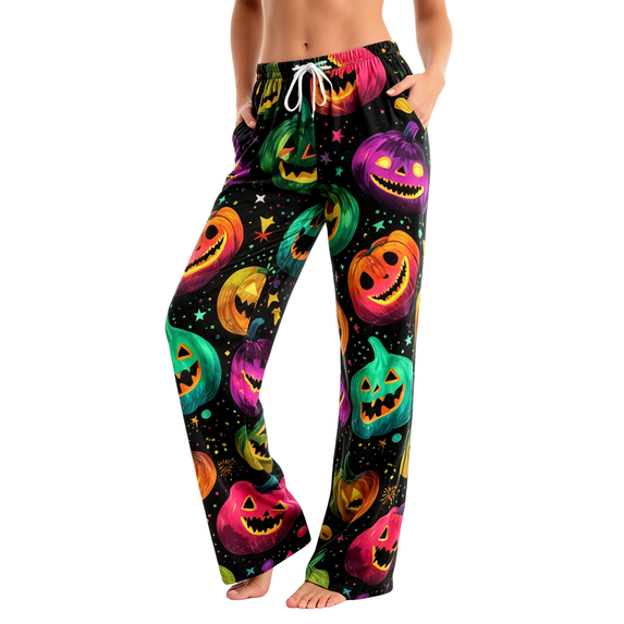 LNZGNM Halloween Sleep Pants for Women Festive Autumn Evening Relax Witch and Pumpkin Print Straight Leg Drawstring Waist Going Out Lounge Bottoms, (L)