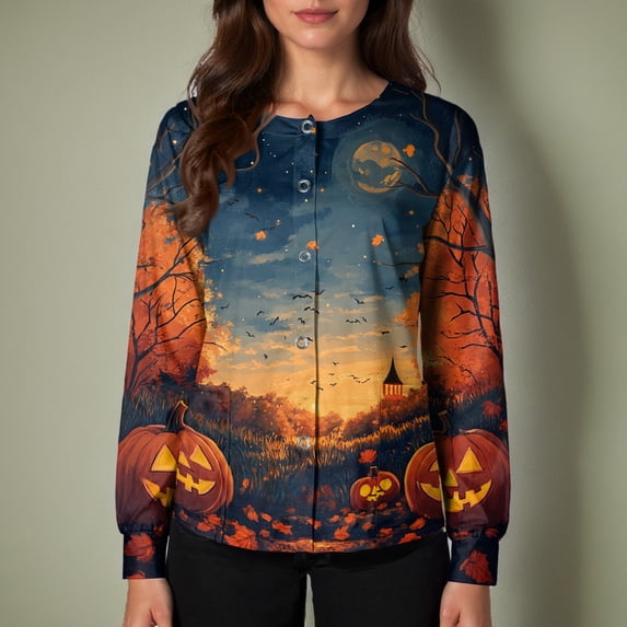 LNZGNM Halloween Women's Scrub Jacket Long Sleeve Button Front Lightweight Layering Comfortable Breathable Nurse Work Hospital,Orange(S)