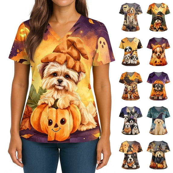LNZGNM Halloween Women's Scrub Top V neck Short Sleeve Loose Fit Pumpkin Print Breathable Nurse Uniforms Tops with Multiple Pocket,(M)