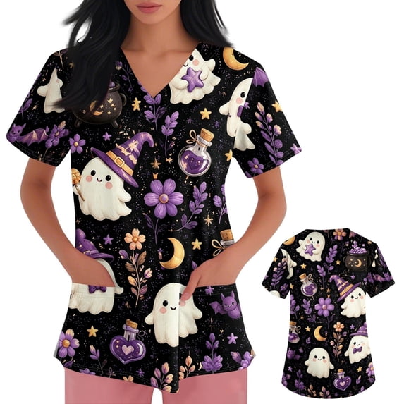 LNZGNM Halloween Women's Scrub Top V-neck Short Sleeve with Utility Pockets and Roomy Fit Clinical Duty Shift Work,Purple (XXL)