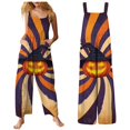 thumbnail image 1 of LNZGNM Halloween Womens Jumpsuit Sunburst Pumpkin Printed Square Neck Sleeveless Wide Leg Jumpsuit with Side Pockets and Button Straps,Yellow (XL), 1 of 6