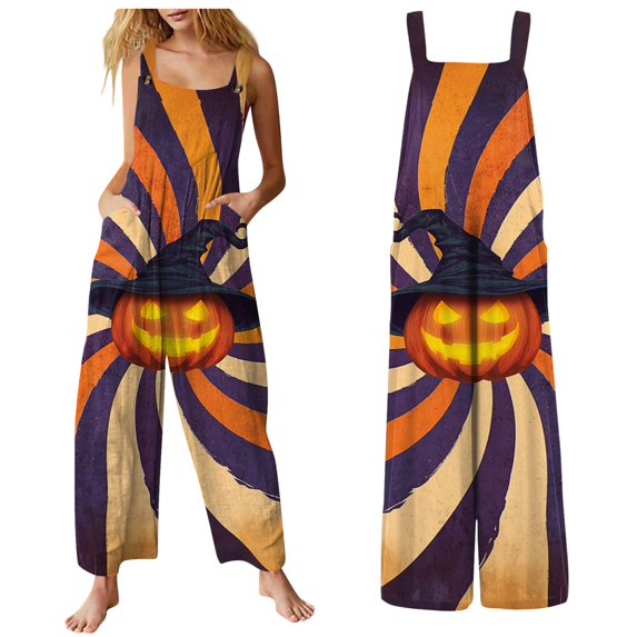 LNZGNM Halloween Womens Jumpsuit Sunburst Pumpkin Printed Square Neck Sleeveless Wide Leg Jumpsuit with Side Pockets and Button Straps,Yellow (XL)