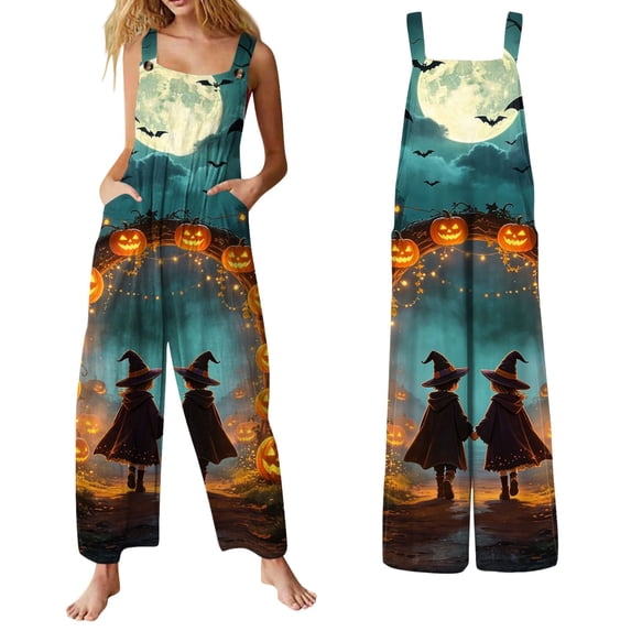 LNZGNM Halloween Womens Jumpsuit Witch Pumpkin Printed Square Neck Sleeveless Wide Leg Jumpsuit with Side Pockets and Button Straps,Yellow (XL)
