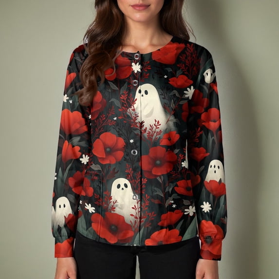 LNZGNM Halloween Womens Scrub Jacket Long Sleeve Button Front Festive Print Lightweight Layering Comfortable Work Uniform Comfort,Red(L)