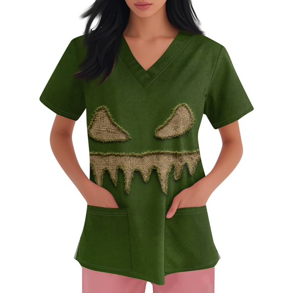 LNZGNM Halloween Womens Scrub Top V Neck Pocket Short Sleeve Printed Festive Print Wrinkle Free Easy Care Stretch Nurse Work Hospital,Green(L)