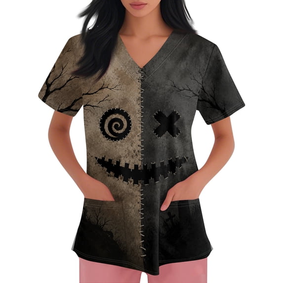 LNZGNM Halloween Womens Scrub Top V Neck Pocket Short Sleeve Printed Festive Print Wrinkle Free Easy Care Stretch Nurse Work Hospital,Khaki(XXL)