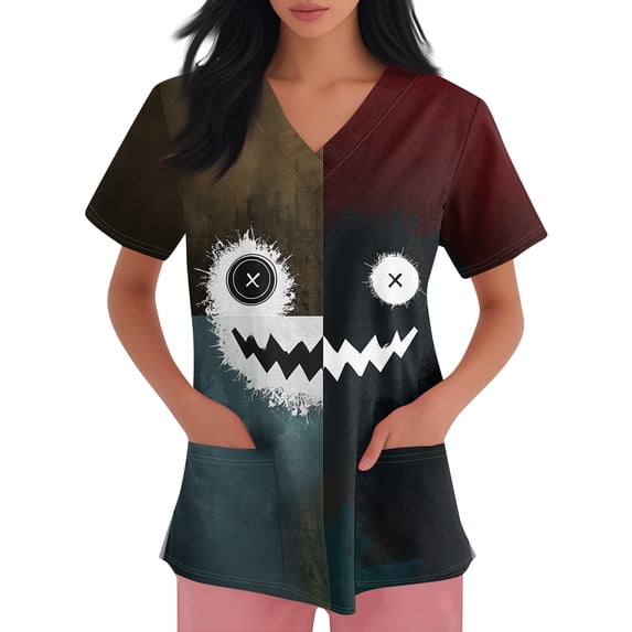 LNZGNM Halloween Womens Scrub Top V Neck Pocket Short Sleeve Printed Festive Print Wrinkle Free Easy Care Stretch Nurse Work Hospital,Multicolor(S)