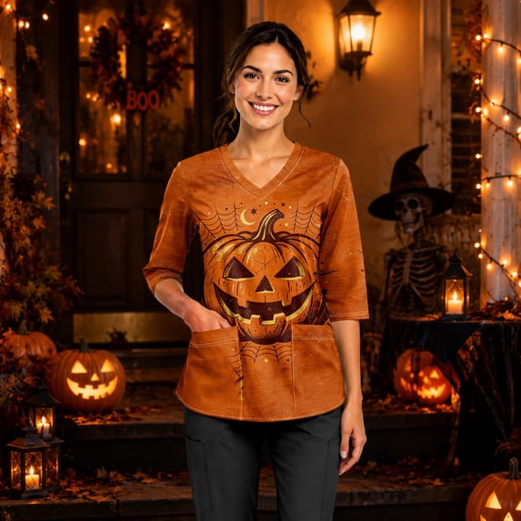 LNZGNM Halloween Womens Scrub Top V Neck Pocket Three Quarter Sleeve Easy Care Loose Fit Comfortable Stretch Clinic Medical Duty,Brown(XL)