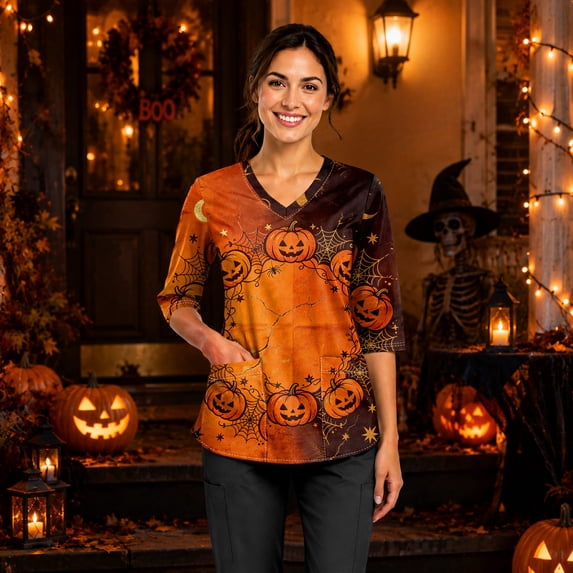 LNZGNM Halloween Womens Scrub Top V Neck Pocket Three Quarter Sleeve Easy Care Loose Fit Comfortable Stretch Clinic Medical Duty,Coffee(XXL)