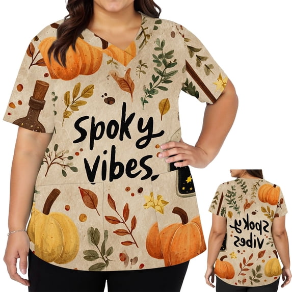 LNZGNM Halloween Womens Scrub Top V-neck Short Sleeve with Front Pockets and Soft Stretch Nursing Medical Caregiving,Brown (XXXXXL)