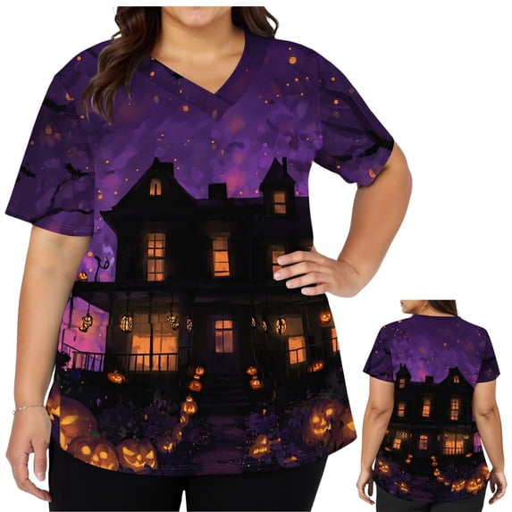 LNZGNM Halloween Womens Scrub Top V-neck Short Sleeve with Storage Pockets and Easy Care Medical Caregiving Daily,Purple (XXXXXL)
