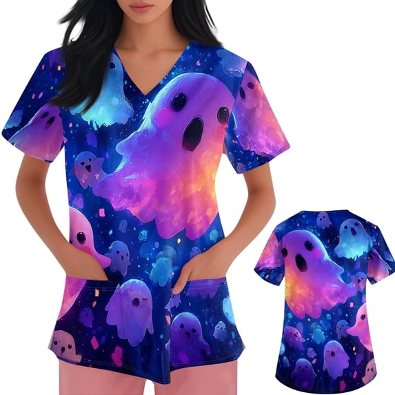 LNZGNM Halloween Womens Scrub Top V-neck Short Sleeve with Utility Pockets and Roomy Fit Clinical Duty Shift Work,Blue (XXXXXL)
