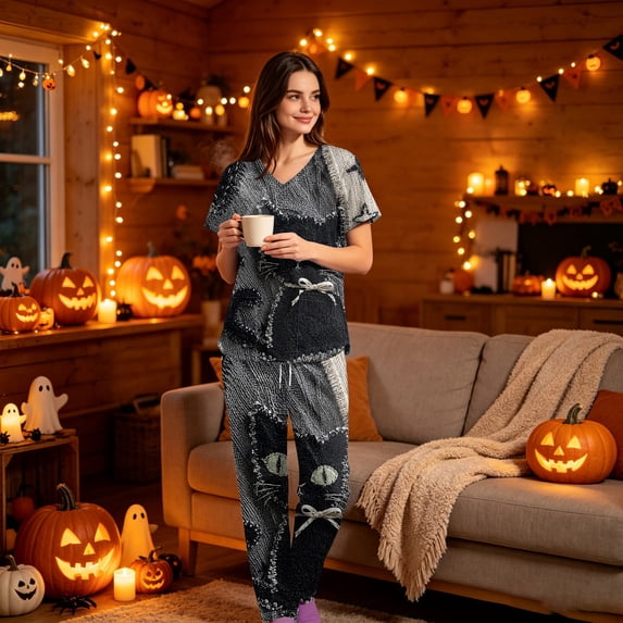 LNZGNM Halloween Womens Scrubs Set Short Sleeve V Neck Pocket Comfortable Lightweight Breathable Stretch with Fabric and Pockets Clinic Medical Duty,Beige(M)
