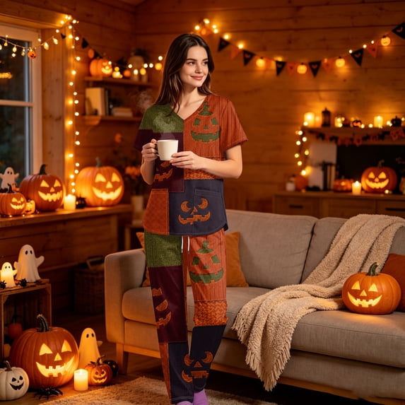 LNZGNM Halloween Womens Scrubs Set Short Sleeve V Neck Pocket Comfortable Lightweight Breathable Stretch with Fabric and Pockets Clinic Medical Duty,Ginger(M)
