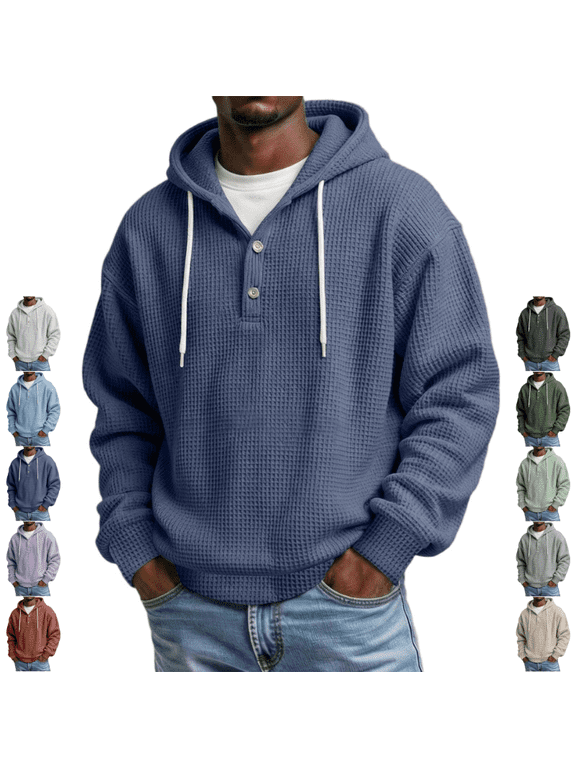 Henley Hoodie for Men Waffle Knit Drawstring Pullover Long Sleeve Casual Loose Fit Sweatshirt Hooded Tops 2026, Navy (XL)