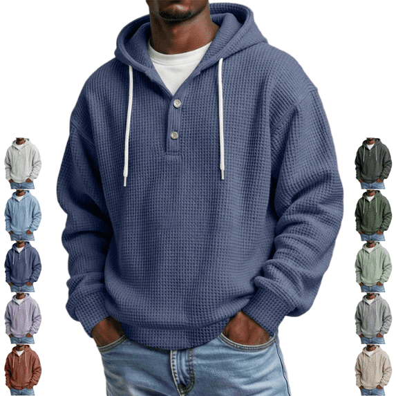 LNZGNM Henley Hoodie for Men Waffle Knit Drawstring Pullover Long Sleeve Casual Loose Fit Sweatshirt Hooded Tops 2026, Navy (XXXXL)