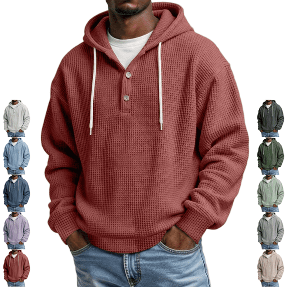 LNZGNM Henley Hoodie for Men Waffle Knit Drawstring Pullover Long Sleeve Casual Loose Fit Sweatshirt Hooded Tops 2026, Red (XXXL)