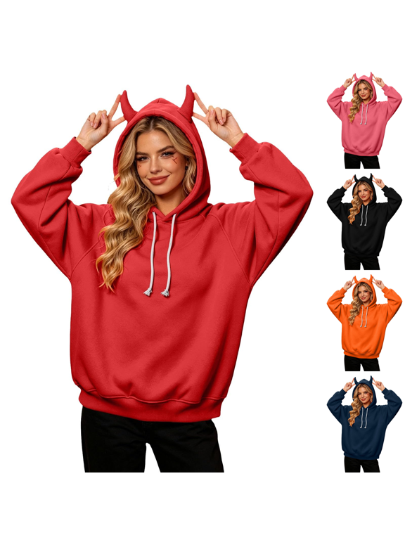 Holiday Hooded Sweatshirt for Women Loose Casual Long Sleeve Raglan Devil Horn Hood Tops with Pocket Halloween, Red (M)