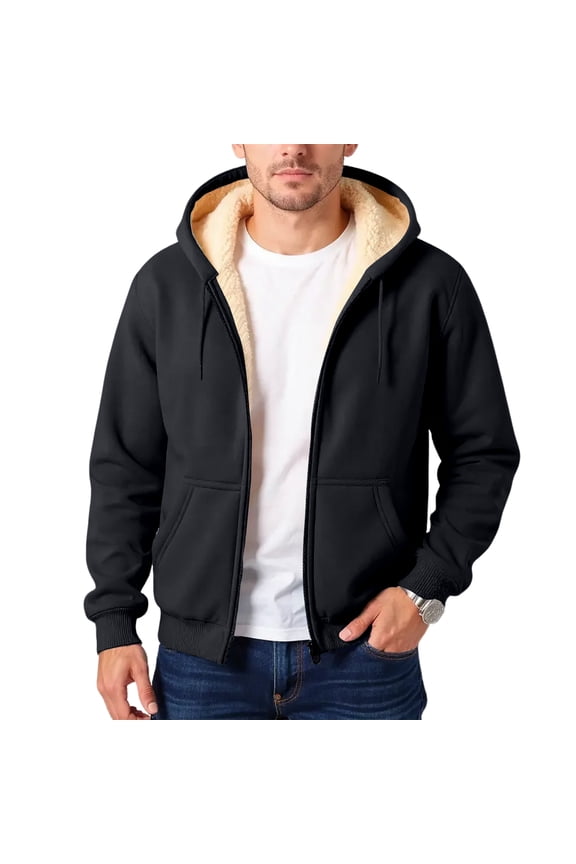 Hoodies for Men Sherpa-Lined Zipper Fleece Lined Hooded Sweatshirt Thick Thermal Jacket with Pockets Casual Winter Coats,Black 3XL