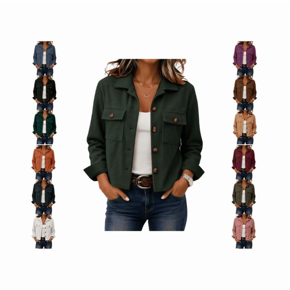 LNZGNM Jackets for Women Corduroy look Cropped Blazer Fashion Button down Long Sleeve shirt with Pocket Fall Winter Outwear,Dark Gray (XL)