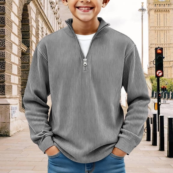LNZGNM Kids Quarter Zip Pullover 11-12Y Long Sleeve Fleece Lightweight Sweatshirt Casual Plain Shirts Hoodless Fall Tops for School for Teen Boy, Light Gray, 11-12Y