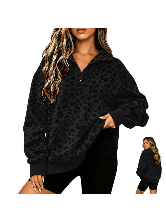 Leopard Sweatshirt Women Adjustable 1/4 Zip Mock Neck Long Sleeve Tops Comfortable Wrinkle Resistant Loose Fit Fall Clothes for Daily Wear, (L)