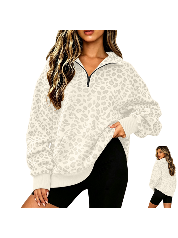 Leopard Sweatshirt for Women Mock Neck Adjustable 1/4 Zip Long Sleeve Shirts Breathable Lightweight Loose Fall Clothes for All Weekend Wear, (XXXL)