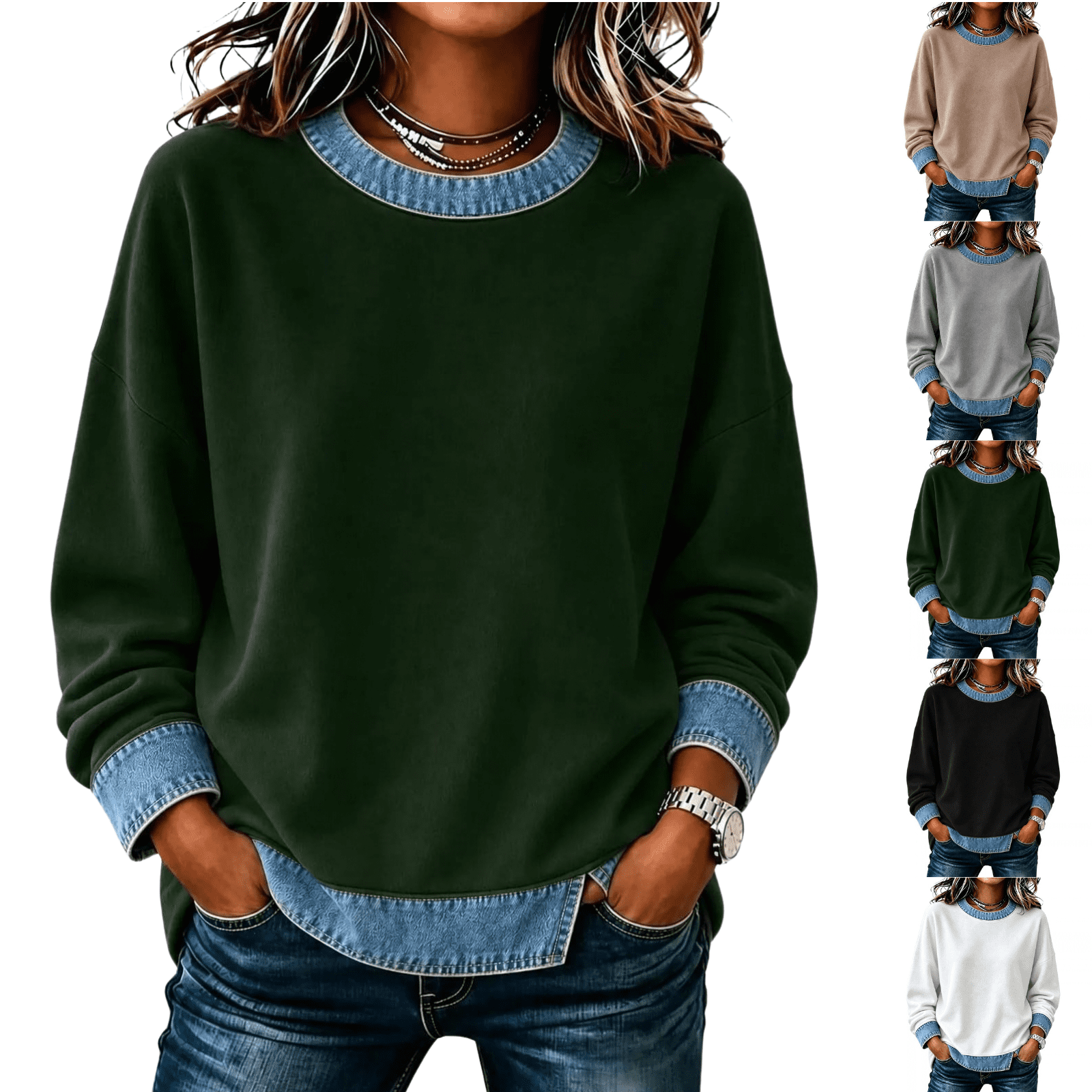LNZGNM Long Sleeve Color Block Sweaters Chunky Lightweight Crew Neck ...