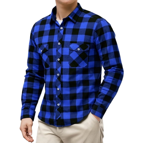 LNZGNM Long Sleeve Flannel Shirt for Men Lapel Checkered Shirt with Front Pockets Button Down Shirts Regular Fit Casual Work Tops,Blue L