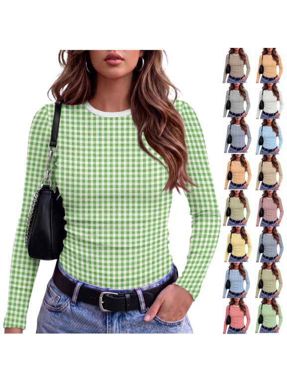 Long Sleeve Shirts for Women Ribbed Knit Soft Stretch Gingham Tops Contrast Trim Crew Neck Tee Comfy Sweet Everyday for Spring Summer, (L)