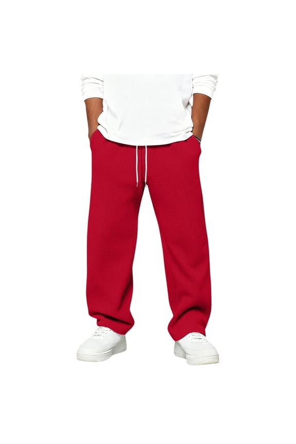 Loose Fit Sweat Pants for Boy Textured Lounge Pants Casual Joggers Drawstring Elastic Waist Uncuffed Trousers with Pockets for Daily Wear 3-15 Years, Red