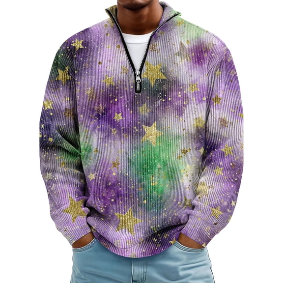 LNZGNM Mardi Gras Mens Shirt 1/4 Zip Up Big and Tall Printed Sweatshirts Banded Collar Long Sleeve Tops Stylish Mardi Gras Outfits,Light pink 2XL