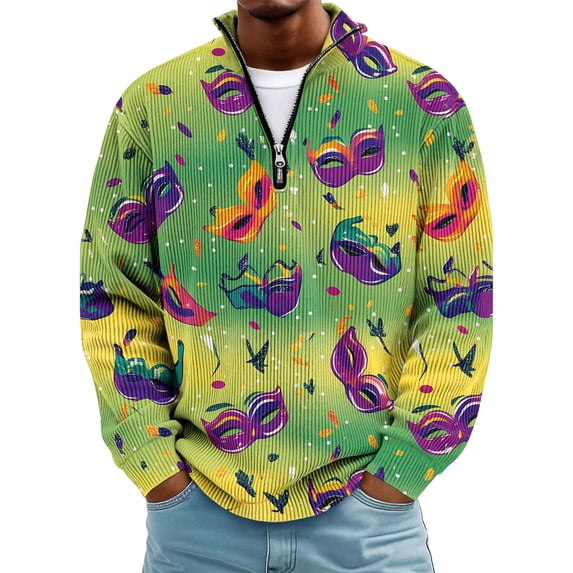 LNZGNM Mardi Gras Shirt Men 1/4 Zip Up Plus Size Mask Printed Sweatshirts Stand Collar Long Sleeve Tops Novelty Carnival Outerwear,Fluorescent Green 4XL