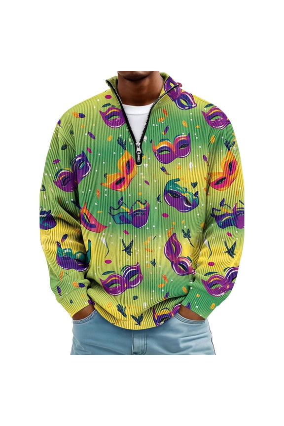 Mardi Gras Shirt Men 1/4 Zip Up Plus Size Mask Printed Sweatshirts Stand Collar Long Sleeve Tops Novelty Carnival Outerwear,Fluorescent Green 4XL