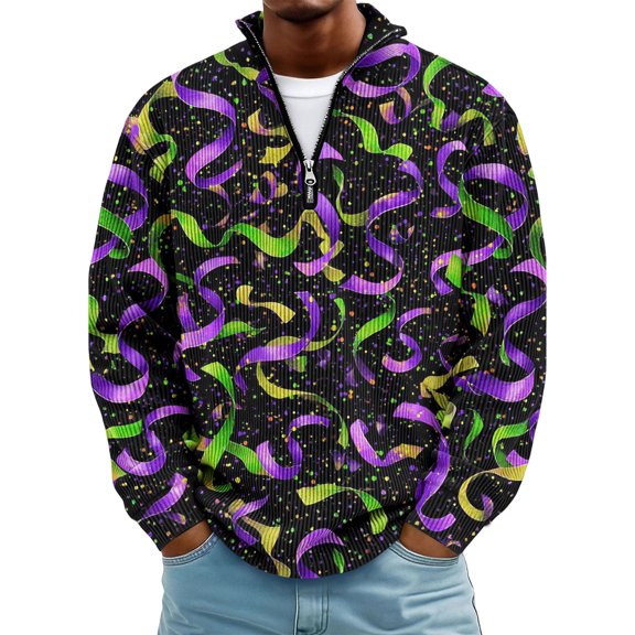 LNZGNM Mardi Gras Shirt for Men 1/4 Zip Plus Size Mask Printed Sweatshirt Stand-Up Collar Long Sleeve Tops Fashion Mardi Gras Outfits,Black 3XL