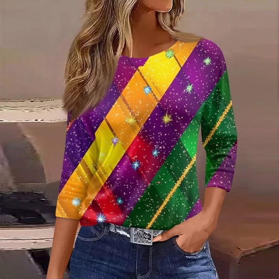 LNZGNM Mardi Gras Shirts for Women Mask Printed 3/4 Length Sleeve Tops Fashion Graphic Crew Neck Shirt 2026 Spring Carnival Outfit for Party, Purple Pink, S
