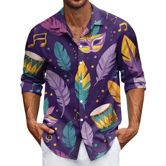 LNZGNM Mardi Gras Shirts for Men Lapel Printed Button Down Shirt Plus Size Long Sleeve T-Shirt Casual Carnival Outfits,Purple L