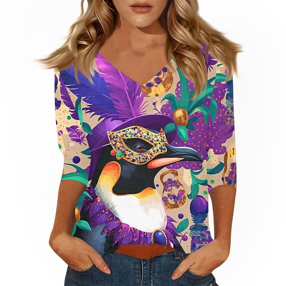 LNZGNM Mardi Gras Shirts for Women Carnival Mask Printed 3/4 Length Sleeve Tops Casual V Neck Tee Vintage Loose Fit Costumes for Rave Wear, Black, S