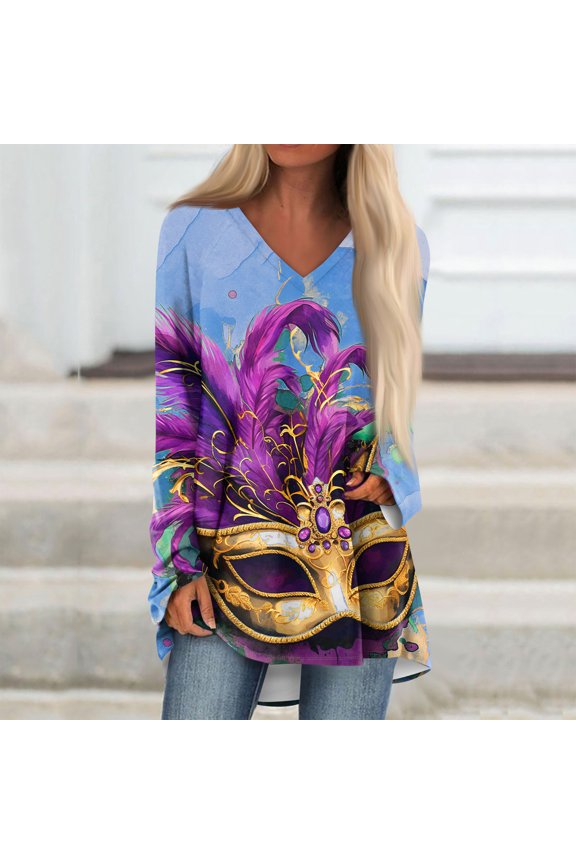 Mardi Gras Shirts for Women Carnival Mask Printed Long Sleeve Tops Trendy V Neck Blouse Funny Costumes for Holiday Parade, Black, S