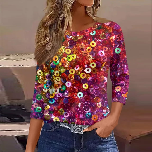 LNZGNM Mardi Gras Shirts for Women Mask Printed 3/4 Sleeve Tops Fashion Fancy Crew Neck Shirt 2026 Spring Carnival Outfit for Party, Wine, S