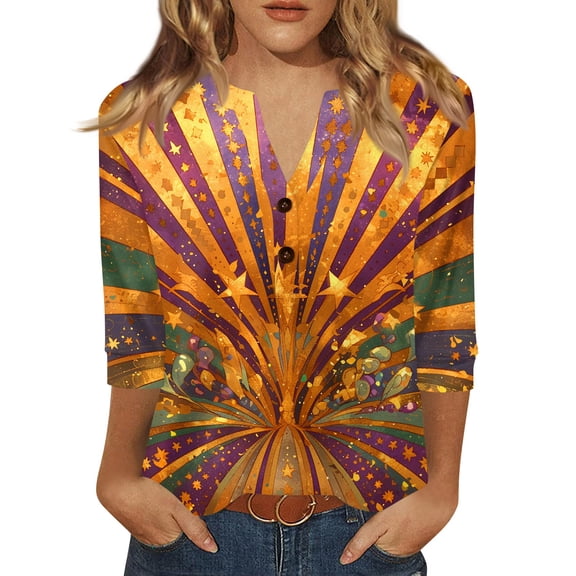 LNZGNM Mardi Gras Women Shirts Mask Button Down Cozy Tee Carnival Trendy 3/4 Length Sleeve Blouse Funny Loose Fit Outfit for Party, Gold, S