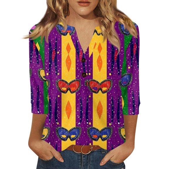 LNZGNM Mardi Gras Women Shirts Mask Printed Button Down New Tee Carnival Casual 3/4 Length Sleeve Blouse Vintage Loose Fit Costumes for Holiday, Gold, 2XL
